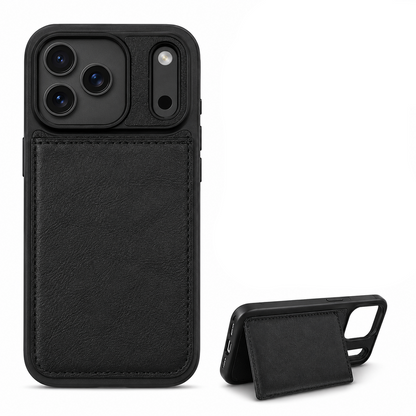 For iPhone 17 Pro Back Wallet Case with Card Holder Kickstand Black + 2 x Tempered Glass Screen Protectors Bundle