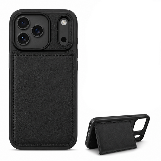 For iPhone 17 Pro Wallet Case with Card Holder & Kickstand – Back Cover Black