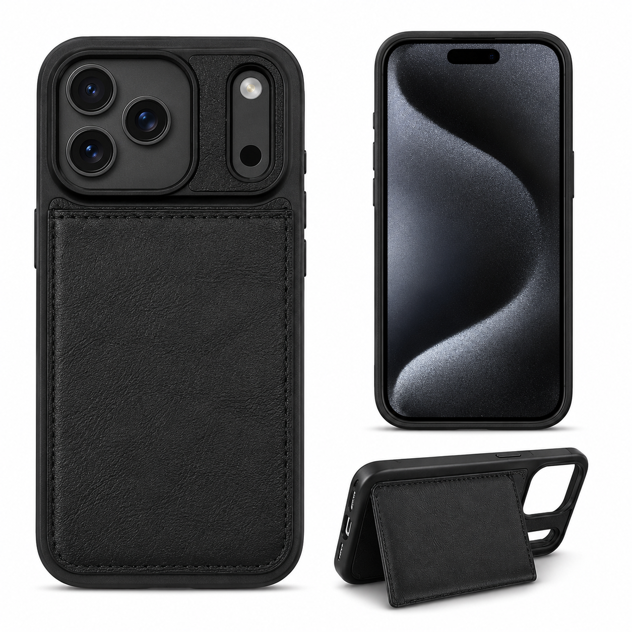 For iPhone 17 Pro Back Wallet Case with Card Holder Kickstand Black + 2 x Tempered Glass Screen Protectors Bundle