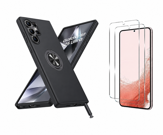 For Samsung Galaxy S25 Ultra  Case with Ring Holder Kickstand Black case + 2 x Screen Protectors