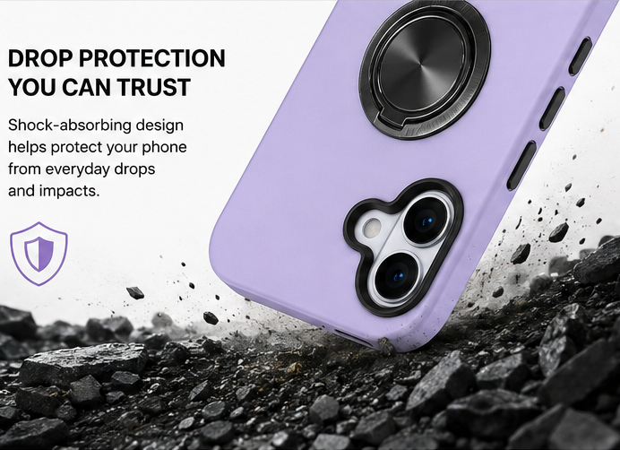 For iPhone 17 Magsafe Ring Stand Shockproof Light Purple Case + 2x Tempered Glass Screen Protectors