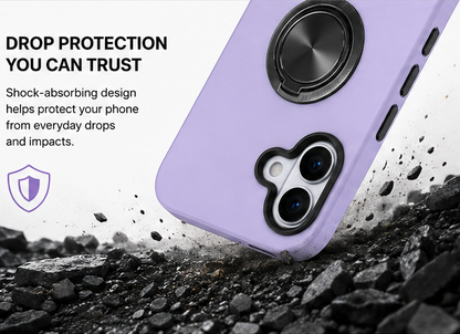 For iPhone 17 Magsafe Ring Stand Shockproof Light Purple Case + 2x Tempered Glass Screen Protectors