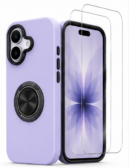 For iPhone 17 Magsafe Ring Stand Shockproof Light Purple Case + 2x Tempered Glass Screen Protectors
