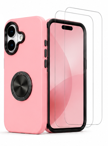 For iPhone 17 Magsafe Ring Stand Shockproof Pink Case + 2x Tempered Glass Screen Protectors