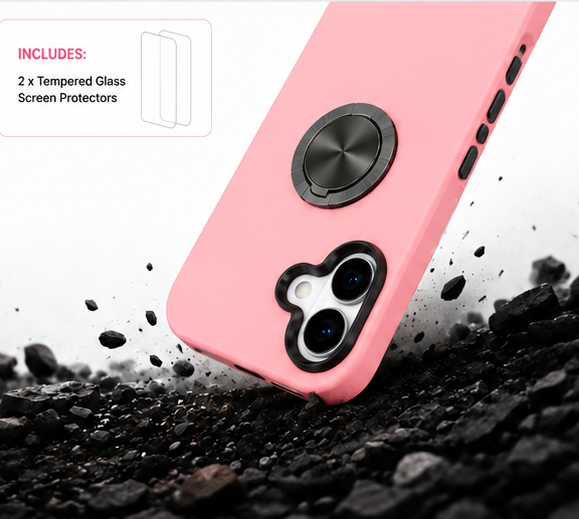 For iPhone 17 Magsafe Ring Stand Shockproof Pink Case + 2x Tempered Glass Screen Protectors