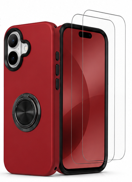 For iPhone 17 Magsafe Ring Stand Shockproof Red Case + 2x Tempered Glass Screen Protectors