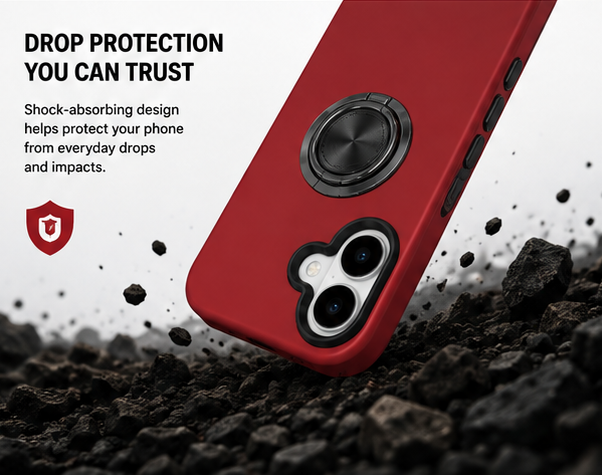 For iPhone 17 Magsafe Ring Stand Shockproof Red Case + 2x Tempered Glass Screen Protectors