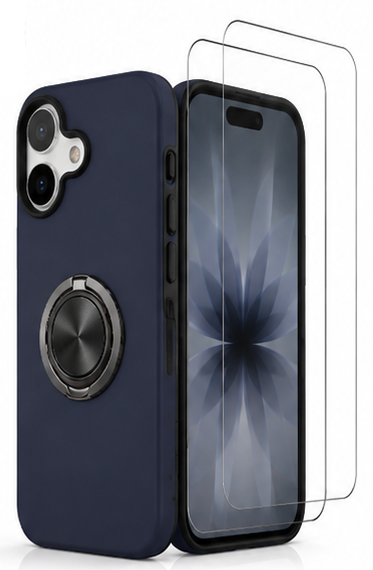 For iPhone 17 Magsafe Ring Stand Shockproof Navy Blue Case + 2x Tempered Glass Screen Protectors