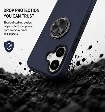 For iPhone 17 Magsafe Ring Stand Shockproof Navy Blue Case + 2x Tempered Glass Screen Protectors