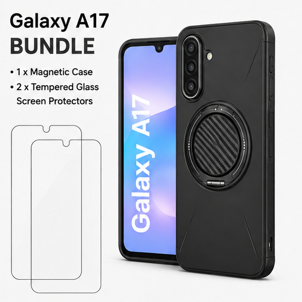For Samsung Galaxy A17 Black Magsafe Spin Grip Phone Case + 2 Pack 9H Tempered Glass Screen Protectors