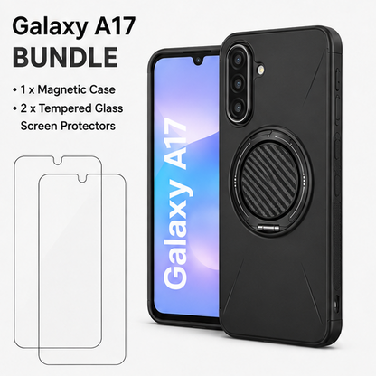 For Samsung Galaxy A17 Black Magsafe Spin Grip Phone Case + 2 Pack 9H Tempered Glass Screen Protectors