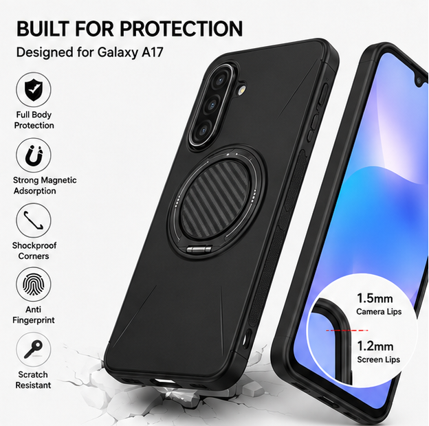 For Samsung Galaxy A17 Black Magsafe Spin Grip Phone Case + 2 Pack 9H Tempered Glass Screen Protectors