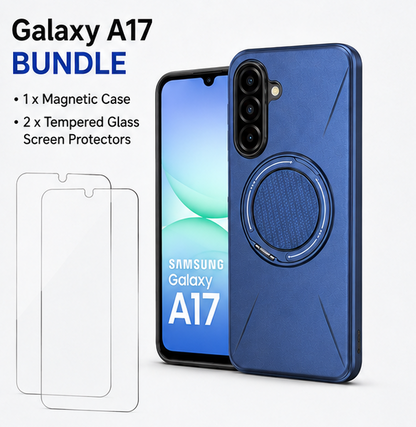 For Samsung Galaxy A17 Blue Magsafe Spin Grip Phone Case + 2 Pack 9H Tempered Glass Screen Protectors