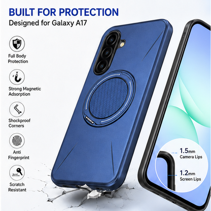 For Samsung Galaxy A17 Blue Magsafe Spin Grip Phone Case + 2 Pack 9H Tempered Glass Screen Protectors