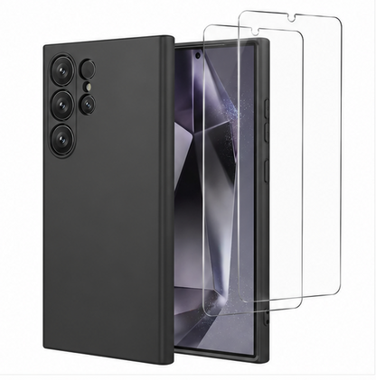 For Samsung Galaxy S25 Ultra Silicone Black Case + 2 Pack Tempered Glass Screen Protectors Bundle | Soft Touch Shockproof Slim Protective Cover