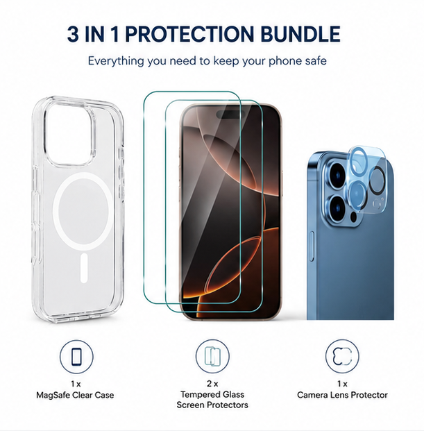 For iPhone 14 Pro Magsafe Clear Case+ 2x Screen Protector + 1x Camera Lens Protectors