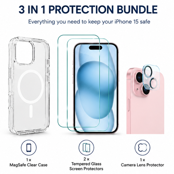 For iPhone 15 Magsafe Clear Case+ 2x Screen Protector + 1x Camera Lens Protectors