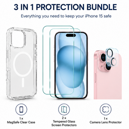 For iPhone 15 Magsafe Clear Case+ 2x Screen Protector + 1x Camera Lens Protectors