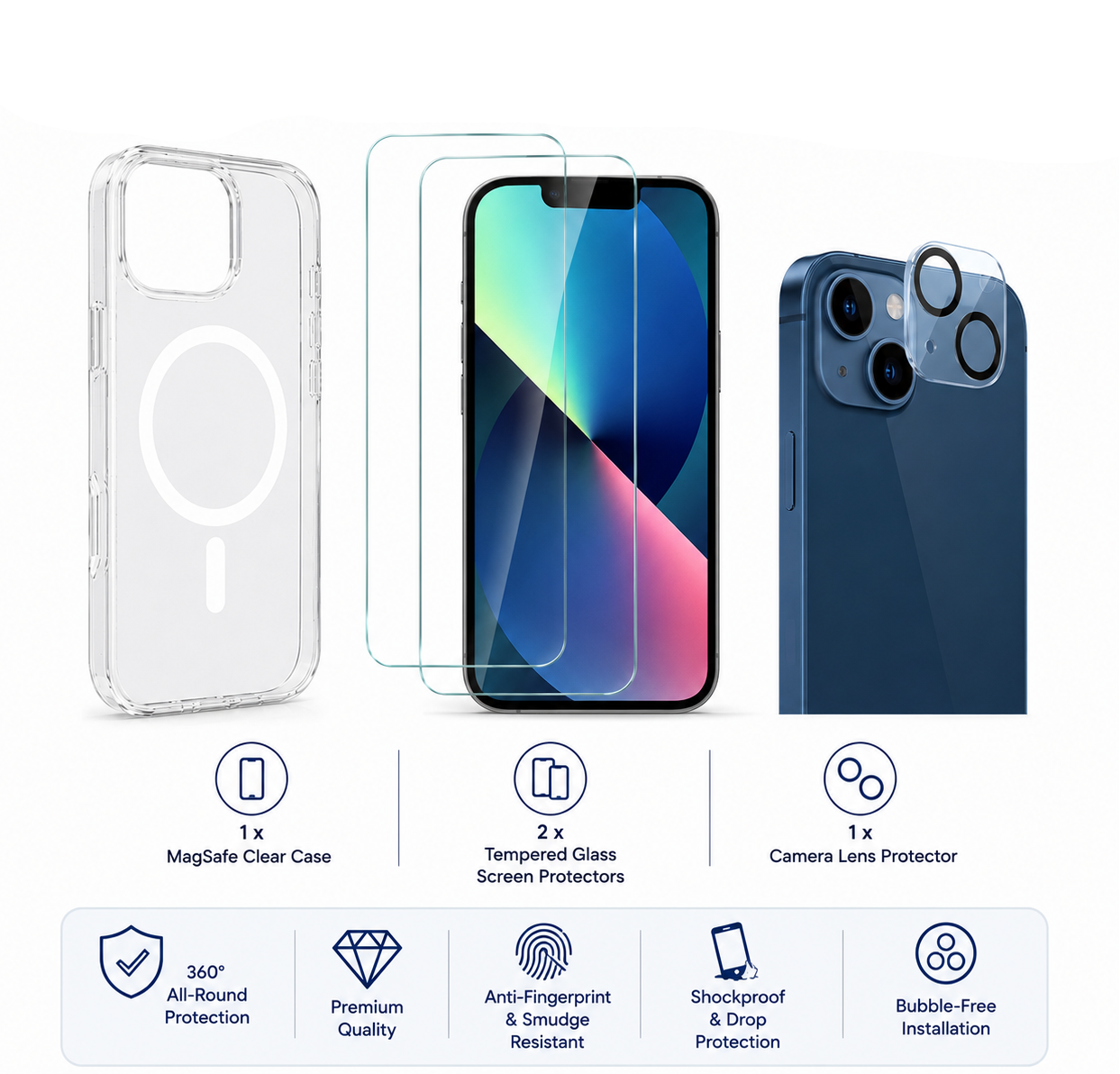 For iPhone 14 Magsafe Clear Case+ 2x Screen Protector + 1x Camera Lens Protectors