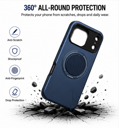 For iPhone 17 Pro MagSafe Blue Spin Grip Ring Stand Case + 2 Pack Tempered Glass Screen Protectors | Shockproof Protective Cover