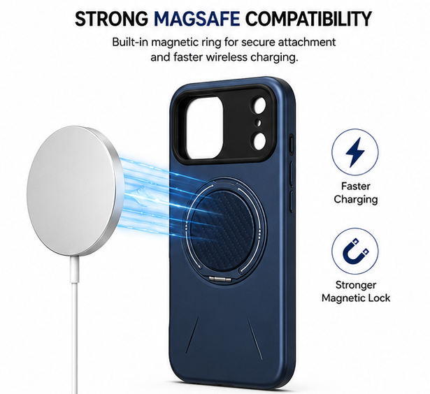 For iPhone 17 Pro MagSafe Blue Spin Grip Ring Stand Case + 2 Pack Tempered Glass Screen Protectors | Shockproof Protective Cover