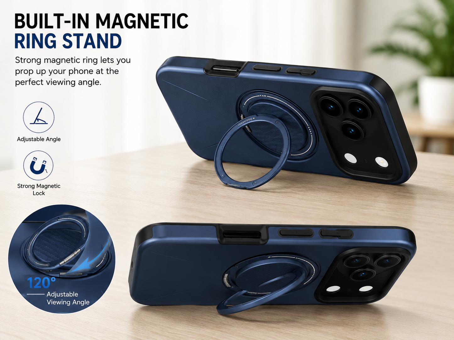 For iPhone 17 Pro MagSafe Blue Spin Grip Ring Stand Case + 2 Pack Tempered Glass Screen Protectors | Shockproof Protective Cover