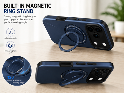 For iPhone 17 Pro MagSafe Blue Spin Grip Ring Stand Case + 2 Pack Tempered Glass Screen Protectors | Shockproof Protective Cover