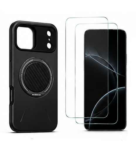 For iPhone 17 Pro MagSafe Black Spin Grip Ring Stand Case + 2 Pack Tempered Glass Screen Protectors | Shockproof Protective Cover
