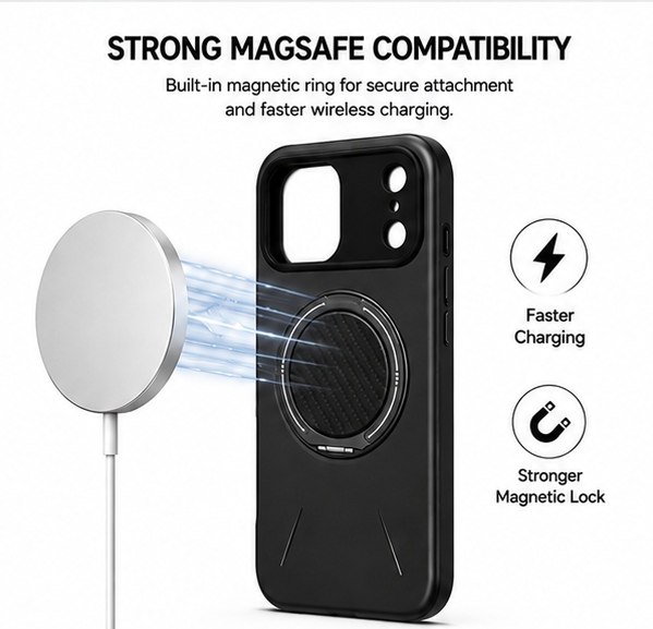 For iPhone 17 Pro MagSafe Black Spin Grip Ring Stand Case + 2 Pack Tempered Glass Screen Protectors | Shockproof Protective Cover