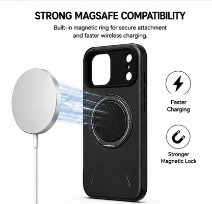 For iPhone 17 Pro MagSafe Black Spin Grip Ring Stand Case + 2 Pack Tempered Glass Screen Protectors | Shockproof Protective Cover