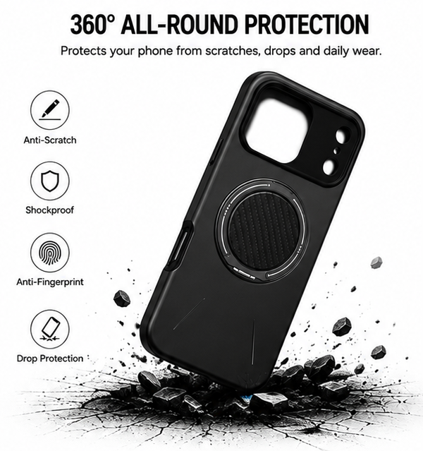 For iPhone 17 Pro MagSafe Black Spin Grip Ring Stand Case + 2 Pack Tempered Glass Screen Protectors | Shockproof Protective Cover