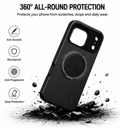 For iPhone 17 Pro MagSafe Black Spin Grip Ring Stand Case + 2 Pack Tempered Glass Screen Protectors | Shockproof Protective Cover