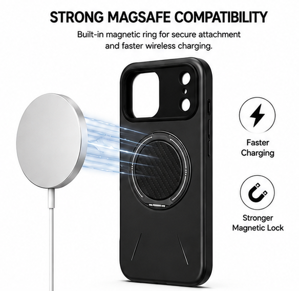 For iPhone 17 Pro MagSafe Black Spin Grip Ring Stand Case + 2 Pack Tempered Glass Screen Protectors | Shockproof Protective Cover