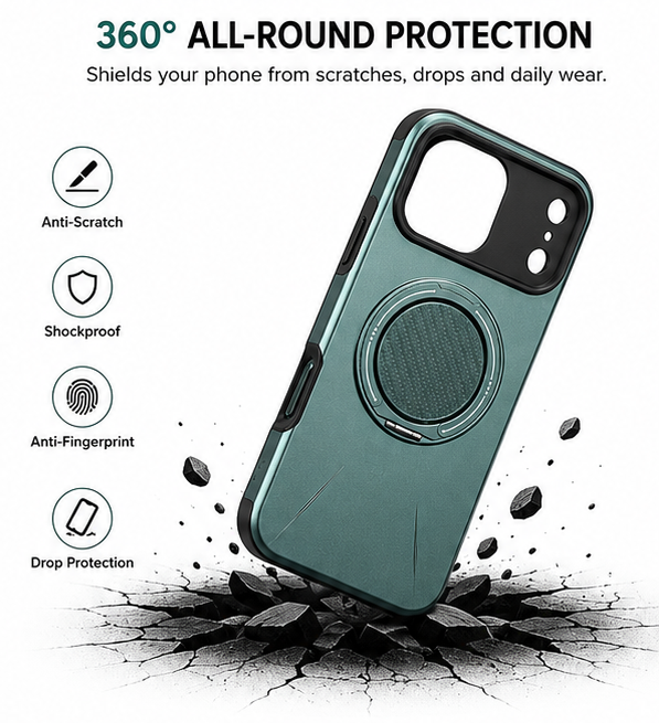 For iPhone 17 Pro Max MagSafe Dark Green Spin Grip Ring Stand Case + 2 Pack Tempered Glass Screen Protectors | Shockproof Protective Cover
