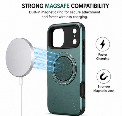 For iPhone 17 Pro Max MagSafe Dark Green Spin Grip Ring Stand Case + 2 Pack Tempered Glass Screen Protectors | Shockproof Protective Cover