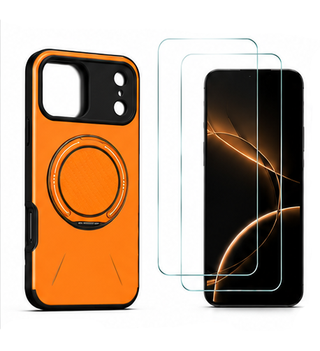 For iPhone 17 Pro Max MagSafe Orange Spin Grip Ring Stand Case + 2 Pack Tempered Glass Screen Protectors | Shockproof Protective Cover