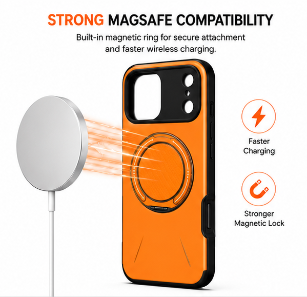 For iPhone 17 Pro Max MagSafe Orange Spin Grip Ring Stand Case + 2 Pack Tempered Glass Screen Protectors | Shockproof Protective Cover