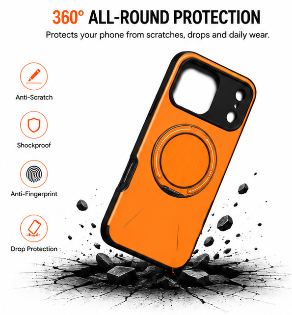 For iPhone 17 Pro Max MagSafe Orange Spin Grip Ring Stand Case + 2 Pack Tempered Glass Screen Protectors | Shockproof Protective Cover