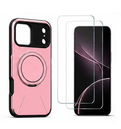 For iPhone 17 Pro MagSafe Pink Spin Grip Ring Stand Case + 2 Pack Tempered Glass Screen Protectors | Shockproof Protective Cover