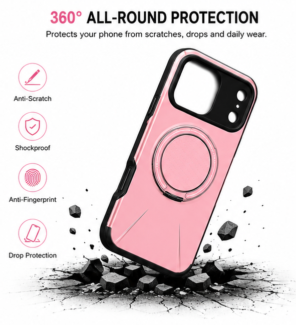 For iPhone 17 Pro MagSafe Pink Spin Grip Ring Stand Case + 2 Pack Tempered Glass Screen Protectors | Shockproof Protective Cover