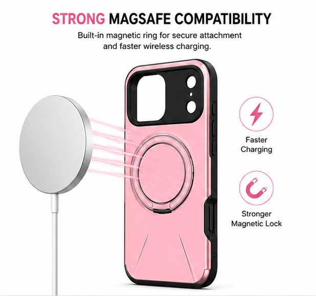 For iPhone 17 Pro MagSafe Pink Spin Grip Ring Stand Case + 2 Pack Tempered Glass Screen Protectors | Shockproof Protective Cover