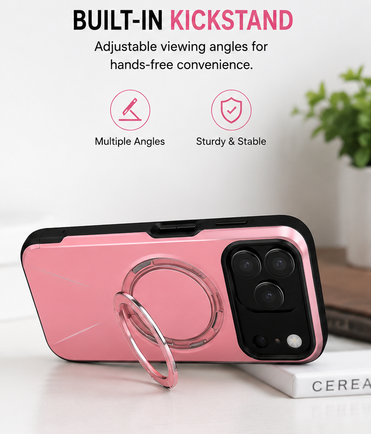 For iPhone 17 Pro MagSafe Pink Spin Grip Ring Stand Case + 2 Pack Tempered Glass Screen Protectors | Shockproof Protective Cover