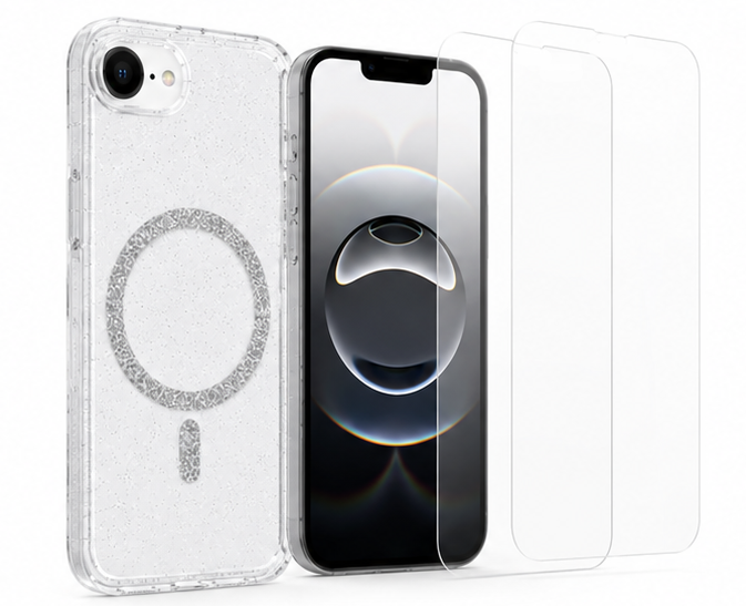 For iPhone 16e Glitter Clear MagSafe Case+ 2 x Screen Protectors