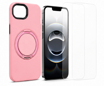 For iPhone 17e MagSafe Pink Spin Grip Ring Stand Case + 2 Pack Tempered Glass Screen Protectors | Shockproof Protective Cover