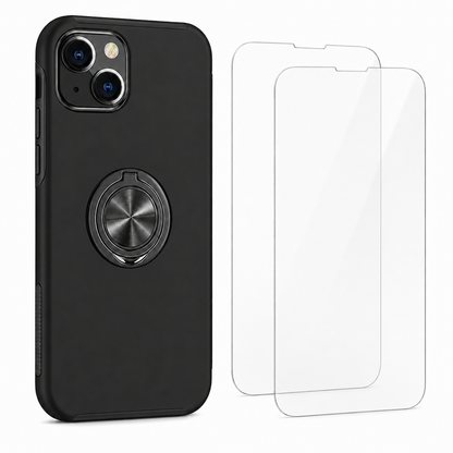 For iPhone 14 Magnetic Ring Stand Shockproof Black Phone Case + 2x Tempered Glass Screen Protectors