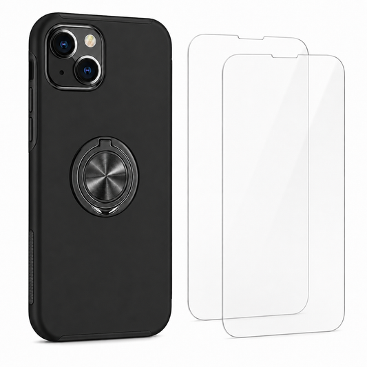 For iPhone 13 Magnetic Ring Stand Shockproof Black Phone Case + 2x Tempered Glass Screen Protectors