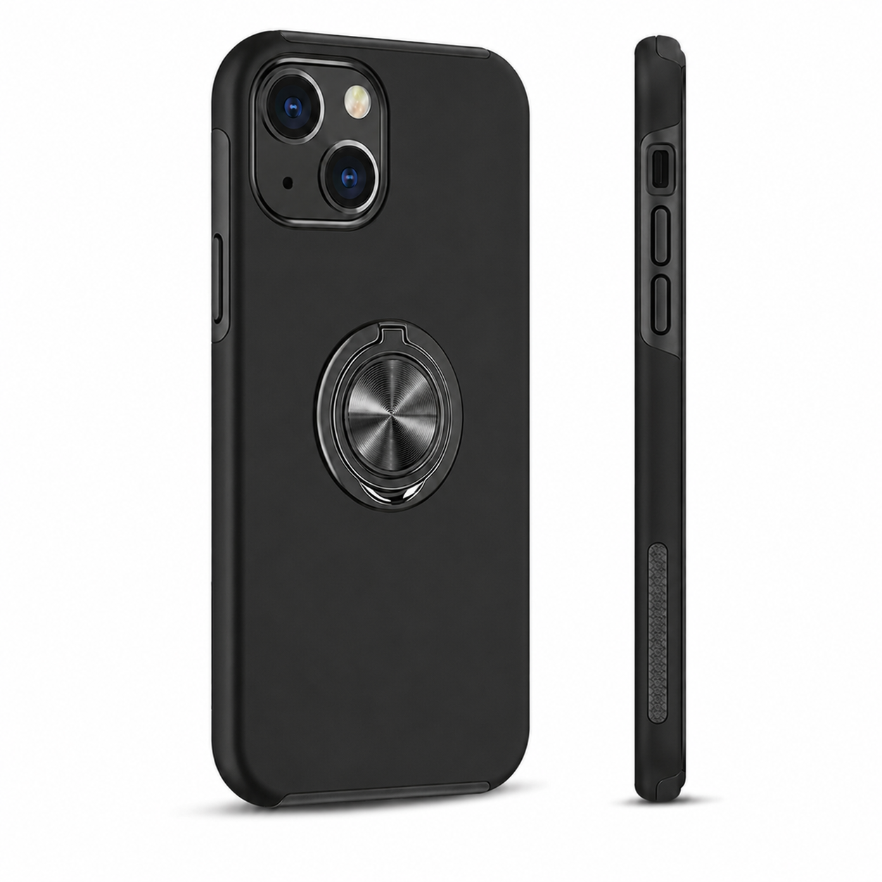 For iPhone 14 Magnetic Ring Stand Shockproof Black Phone Case + 2x Tempered Glass Screen Protectors