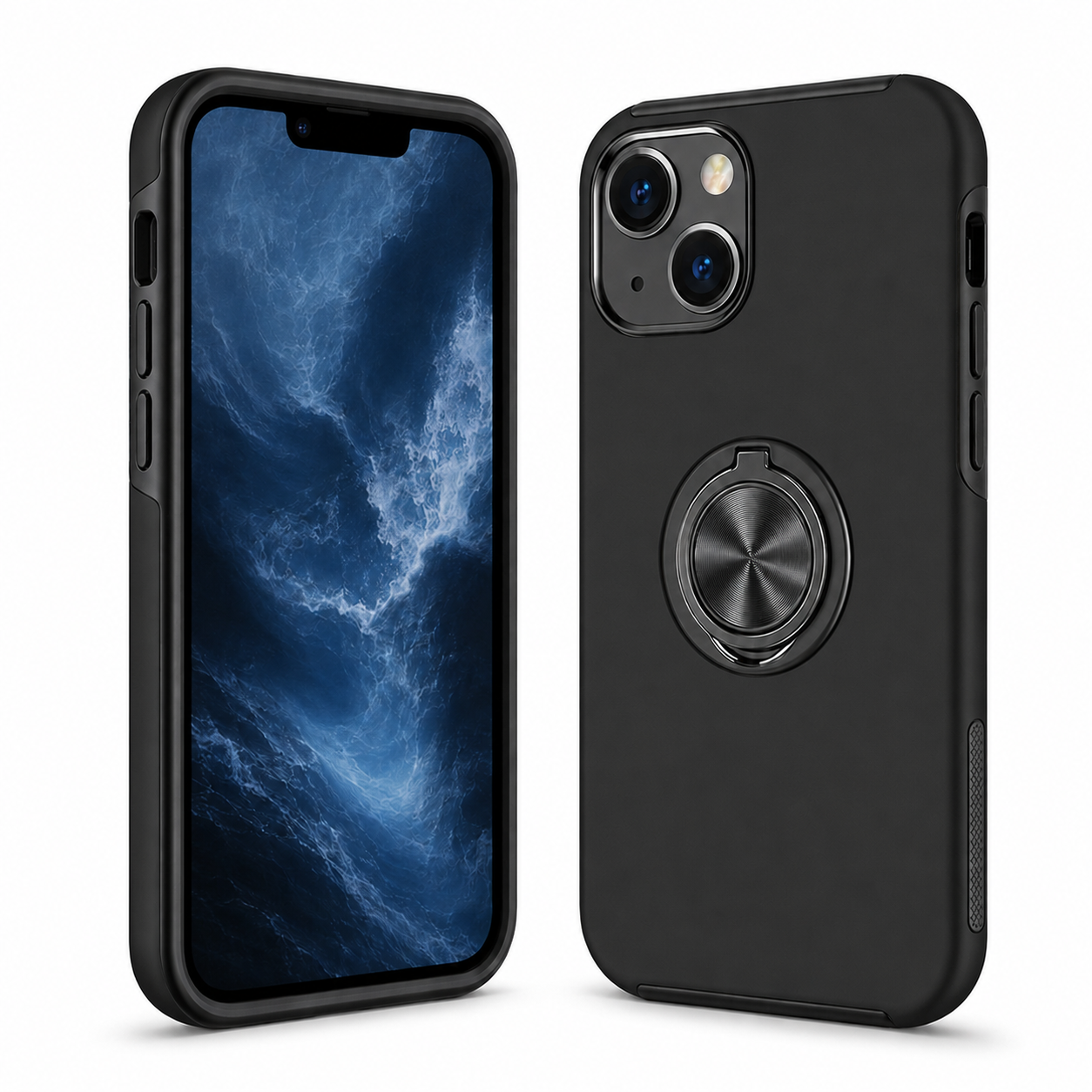 For iPhone 14 Magnetic Ring Stand Shockproof Black Phone Case + 2x Tempered Glass Screen Protectors
