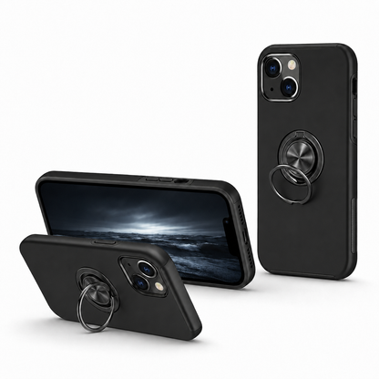 For iPhone 14 Magnetic Ring Stand Shockproof Black Phone Case + 2x Tempered Glass Screen Protectors