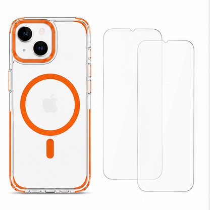 For iPhone 13 Shockproof Orange Magsafe Clear Case + 2 Pack Tempered Glass Screen Protectors Bundle – Slim Fit Protective Cover